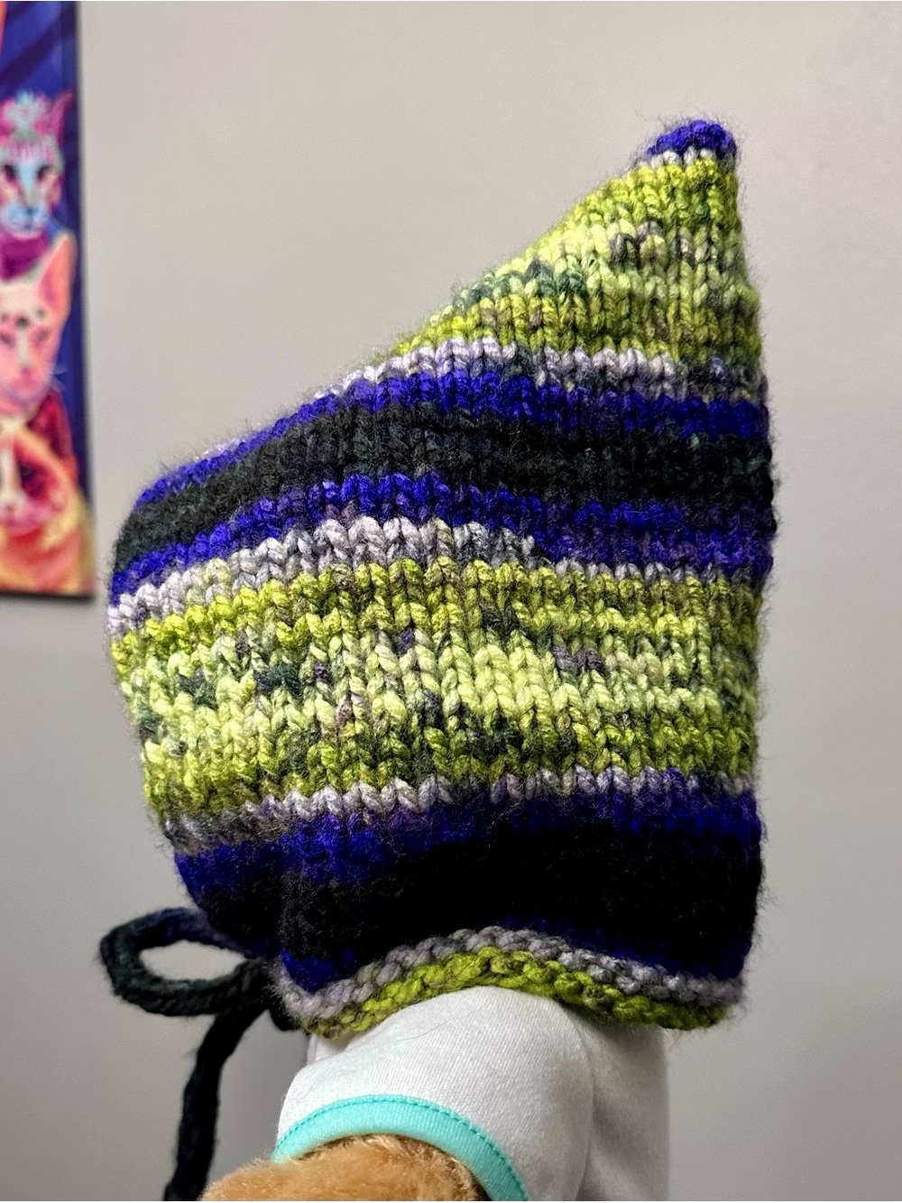 Hand-Knit Kids Bonnet in Lime Green, Purple & Black